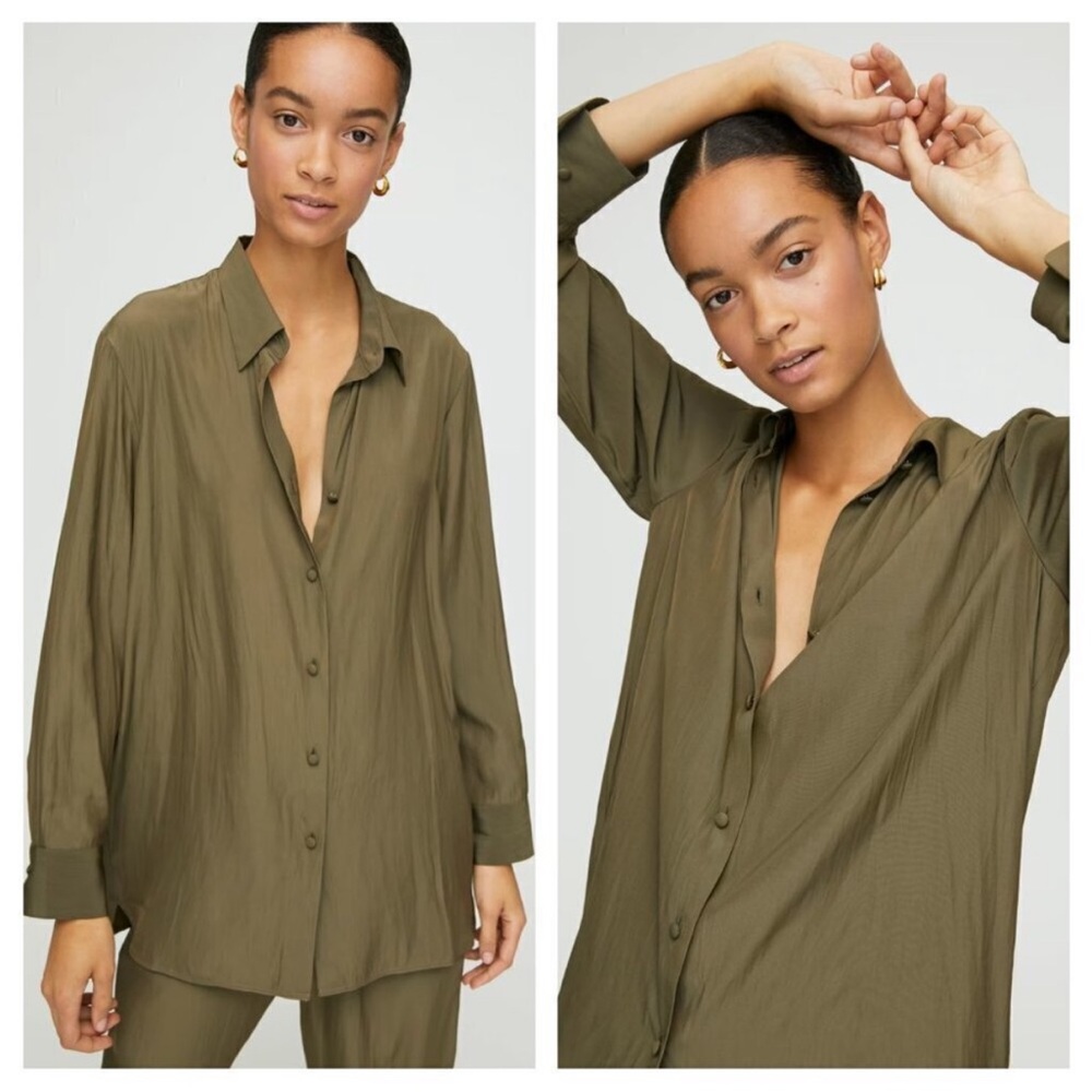 ARITZIA BABATON Ronan Silky Long Sleeve Shirt in Olive Green Size Small - Picture 1 of 6
